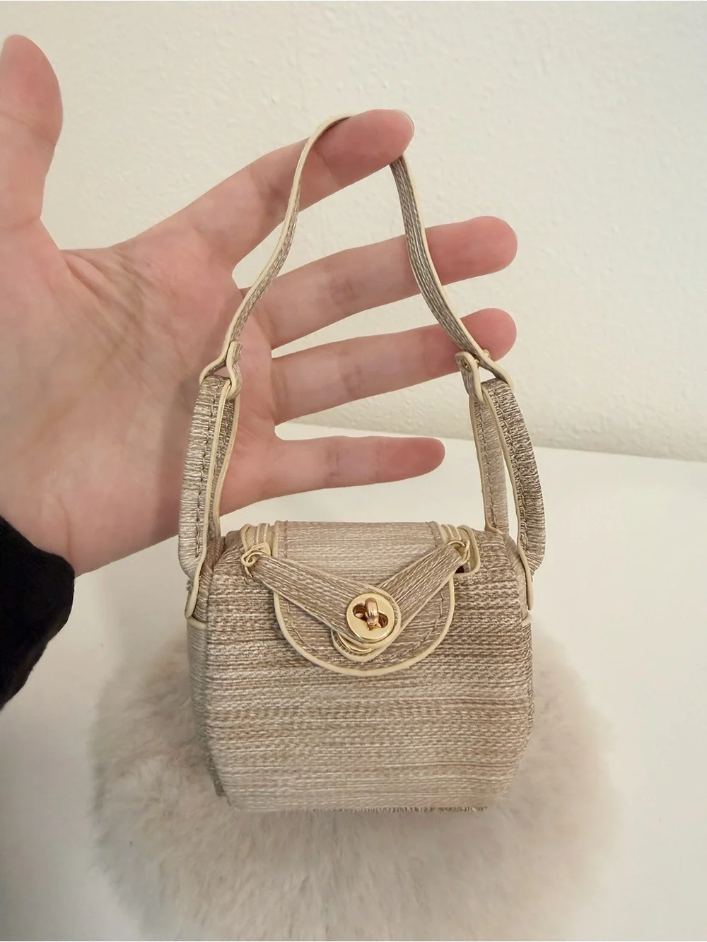 Mini Top Handle Bag Charm Woven Texture Coin Pouch Beige Luxury Style